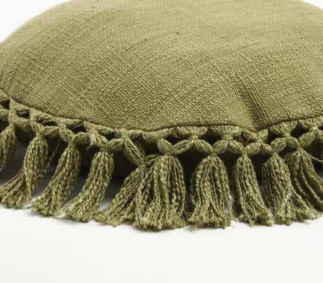 Round Cotton Cushion Cover in Olive with Boho Tassels (18”)
