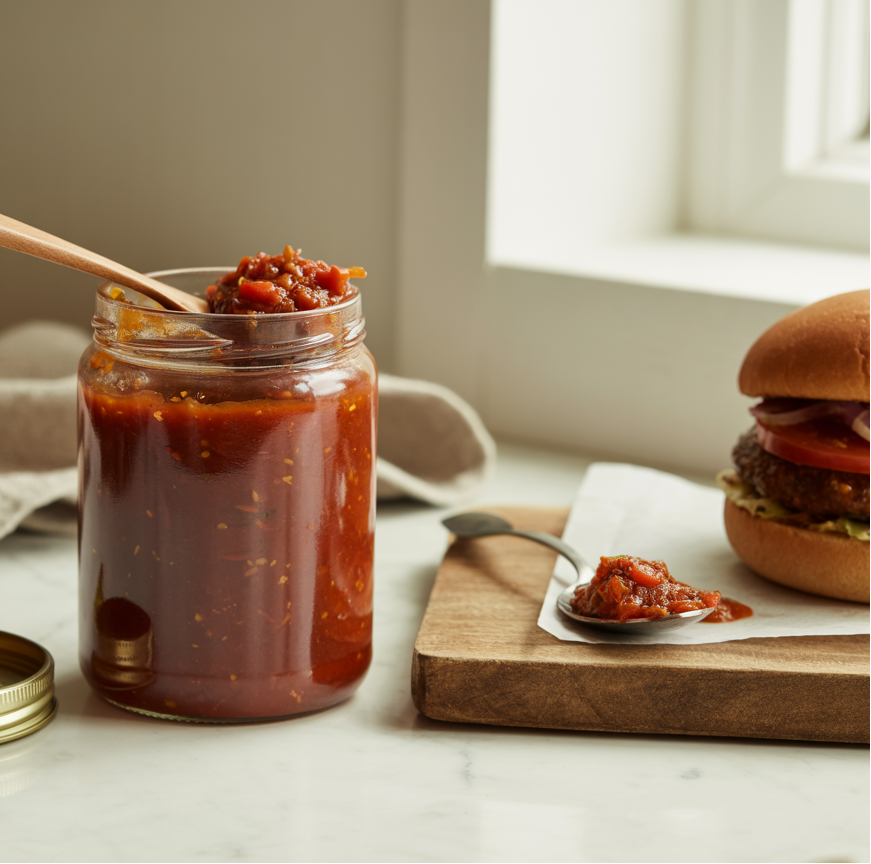Jar of red sauce with a wooden spoon, a burger, and a spoonful of sauce on a marble surface.