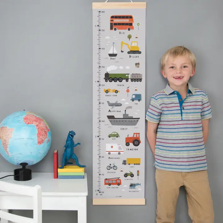 Transport Height Growth Chart – Canvas Wall Ruler with Wooden Hangers