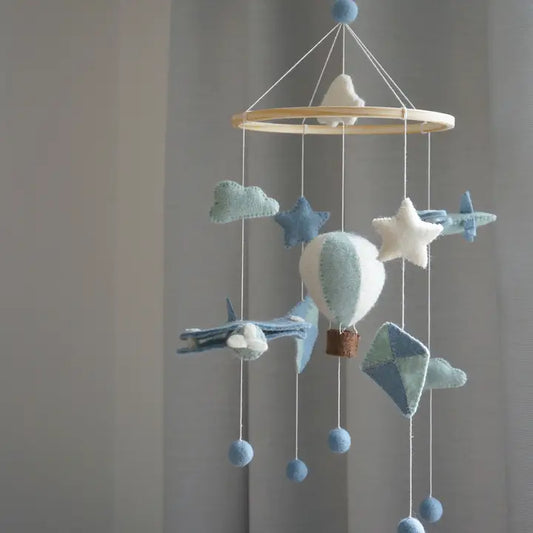 Blue Air Balloon, Plane & Kite Baby Mobile – Handmade Wool Nursery Decor