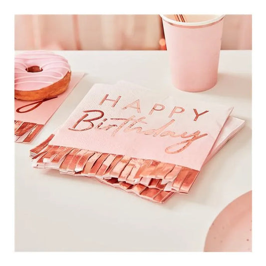 Mix It Up Happy Birthday Rose Gold Fringe Paper Napkins - 33cm (16pk)