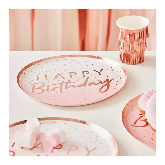 Mix It Up Happy Birthday Pink & Rose Gold Paper Plates - 24cm (8pk)