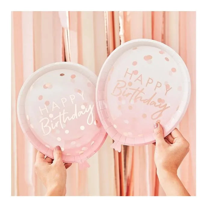 Mix It Up Happy Birthday Pink & Rose Gold Balloon Shaped Paper Plates - 29cm (8pk)