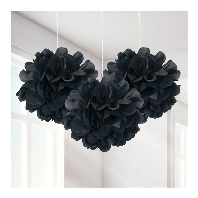 Black Pom Pom Decorations - 23cm (3pk)