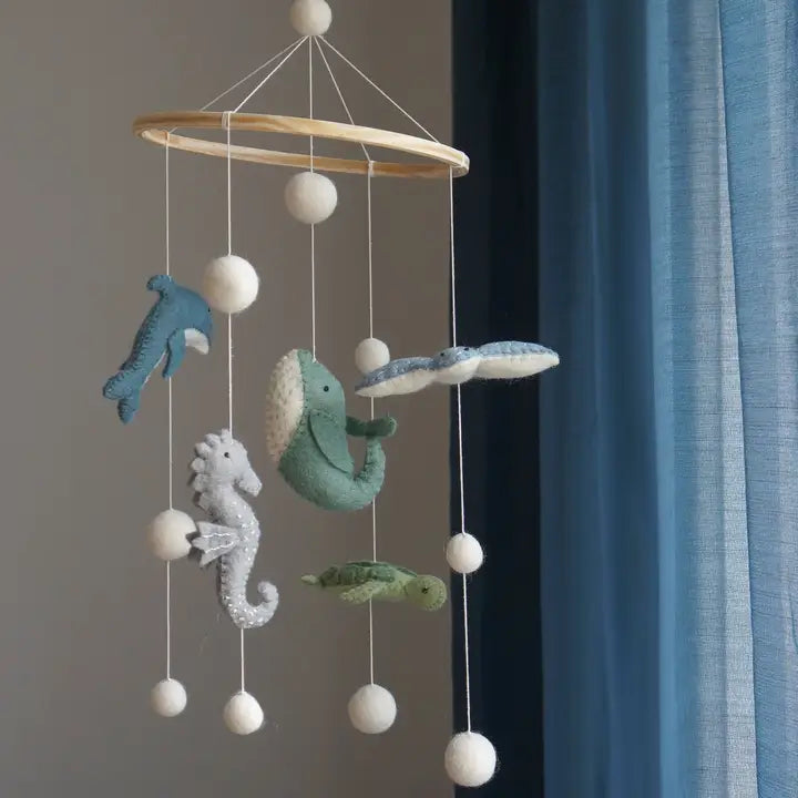 Blue Handmade Sea World Baby Mobile – Wool Ocean Animals Nursery Decor