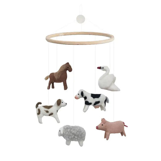 Farmyard Baby Mobile – Cow, Sheep, Pig & Chicken (Handmade Wool)