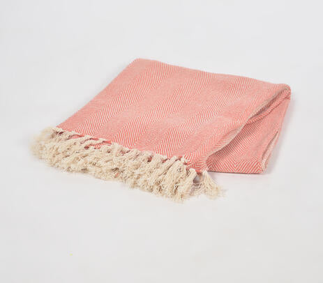 Pastel Chevron Cotton Throw Blanket – Handwoven with Coral Tassels