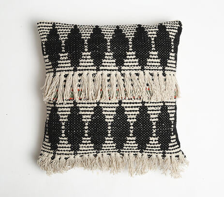 Handwoven Geometric Cotton Cushion Cover with Tassels — Best Seller