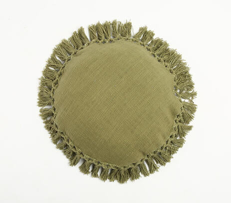 Round Cotton Cushion Cover in Olive with Boho Tassels (18”)