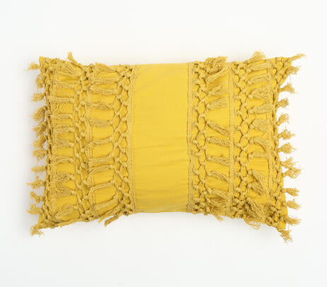 Tasseled Yellow Cotton Cushion Cover – Handmade, 20x14”