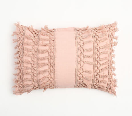 Tasseled Pink Cotton Cushion Cover – Handmade, 20x14”