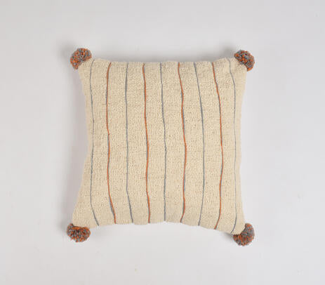 Handwoven Line & Pom Pom Accent Cushion Cover – 100% Cotton, 18x18”