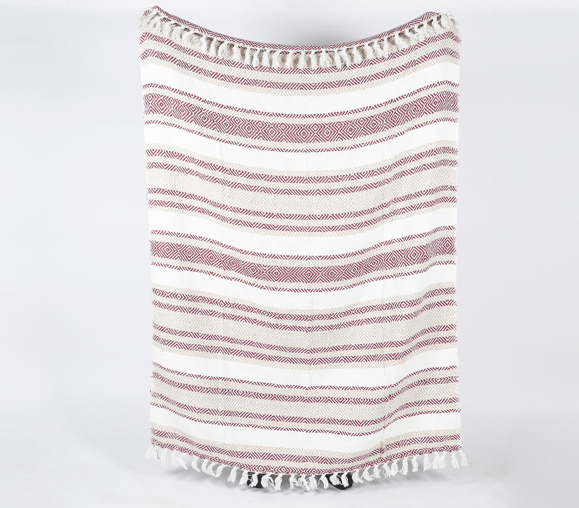 Handwoven Cotton Geometric-Striped Throw with Tassels