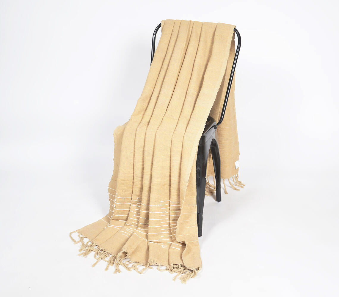 Solid Sand Tasseled Throw with Line Embroidery – 100% Cotton, Handmade