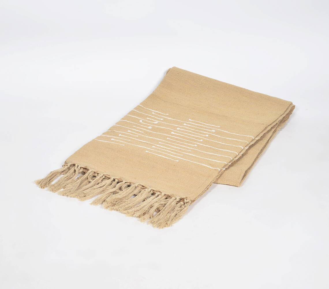 Solid Sand Tasseled Throw with Line Embroidery – 100% Cotton, Handmade