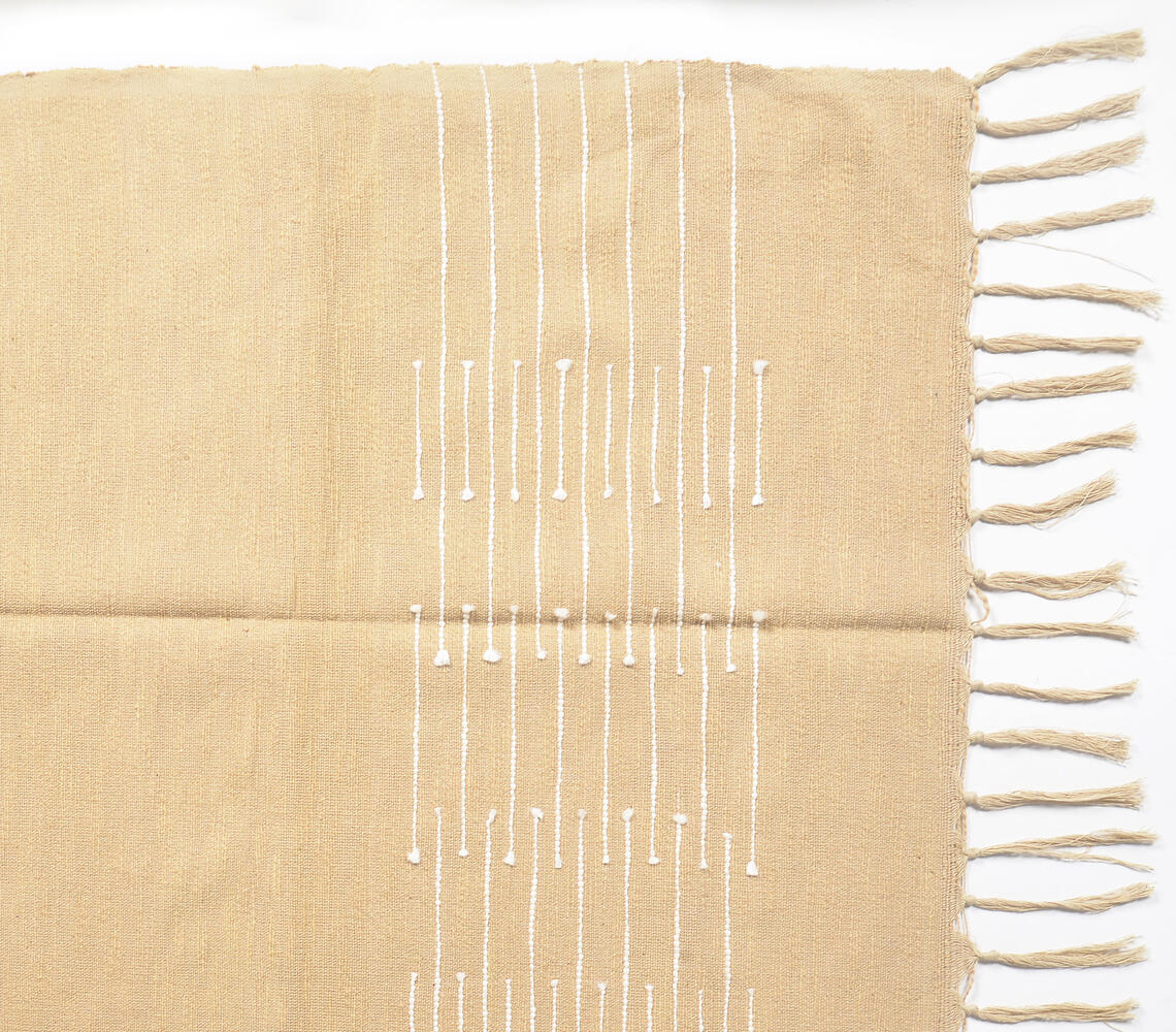 Solid Sand Tasseled Throw with Line Embroidery – 100% Cotton, Handmade