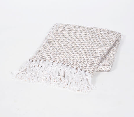 Handwoven Cotton Striped & Lattice Tasseled Throw – 63" x 49"
