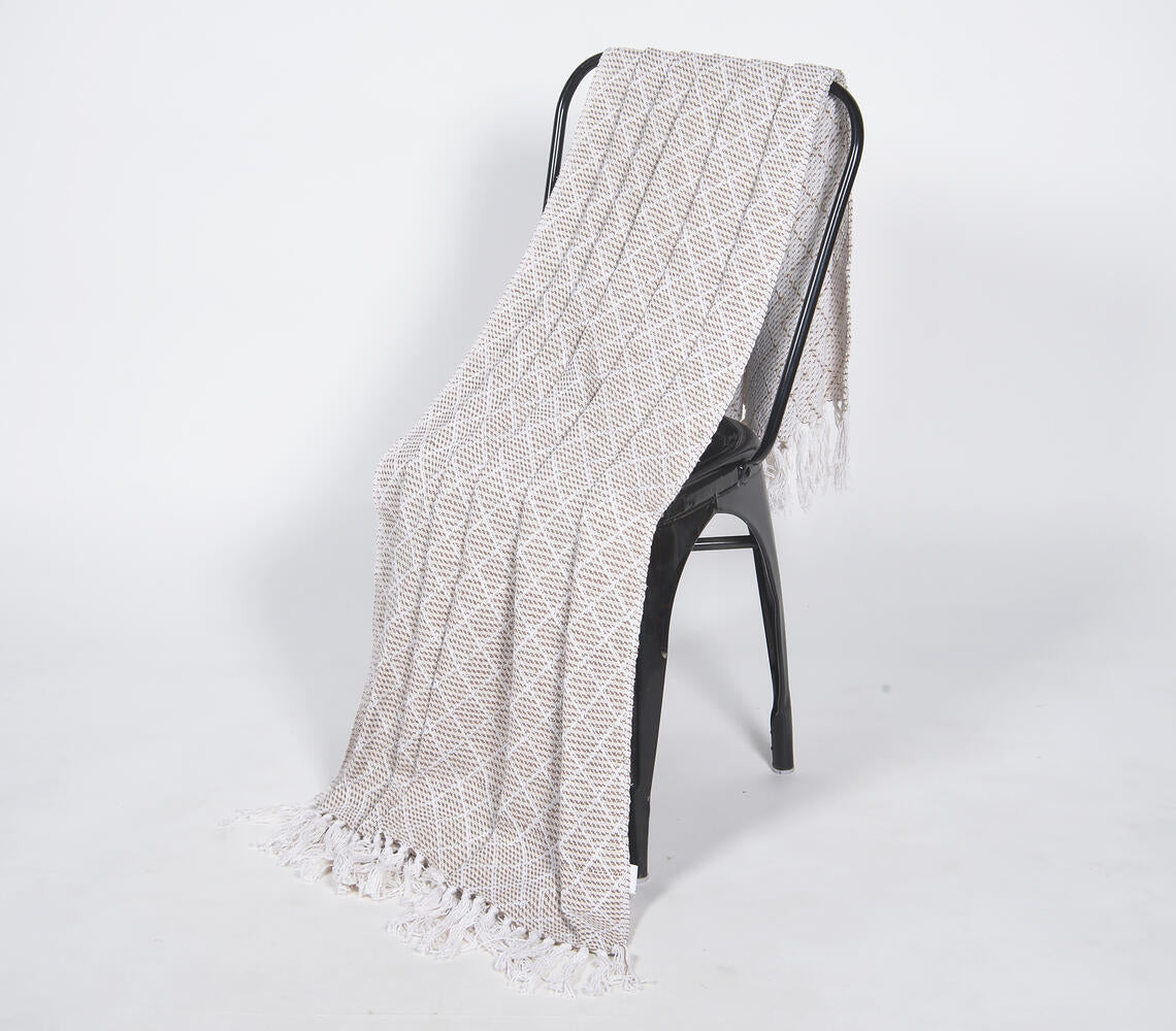Handwoven Cotton Striped & Lattice Tasseled Throw – 63" x 49"
