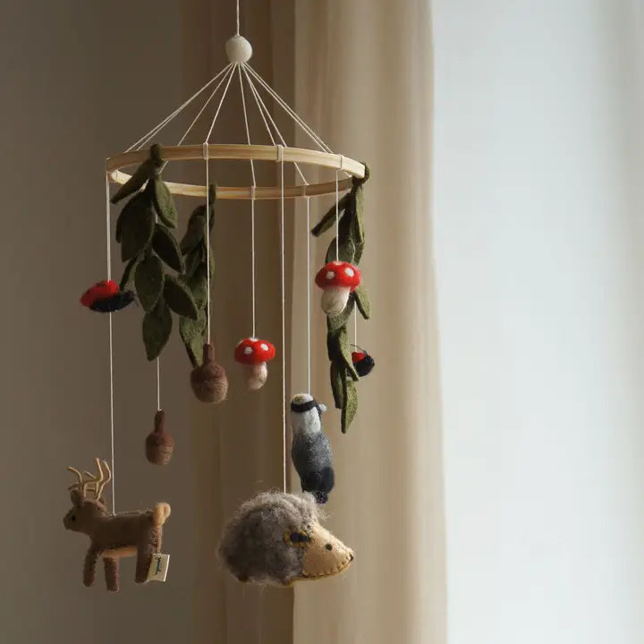Woodland Ladybug & Mushroom Baby Mobile – Handmade Wool Nursery Decor