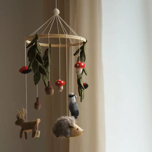 Woodland Ladybug & Mushroom Baby Mobile – Handmade Wool Nursery Decor