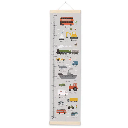 Transport Height Growth Chart – Canvas Wall Ruler with Wooden Hangers