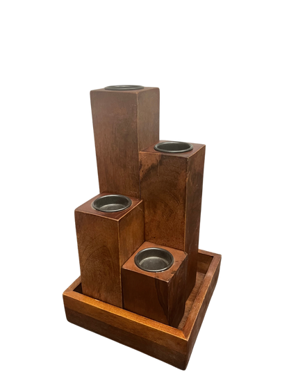 Hand Cut Mango Wood Candle Holders & Tray Set