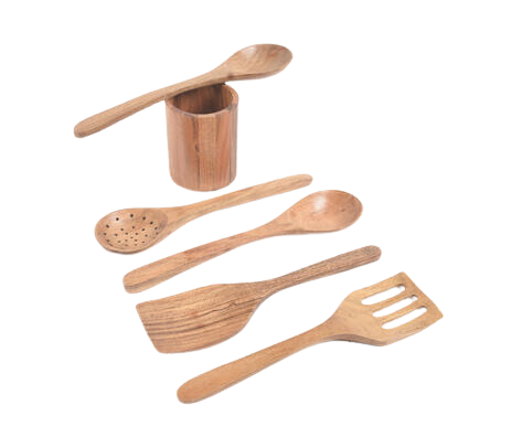 Set of 5 acacia wood cooking spoons with jar