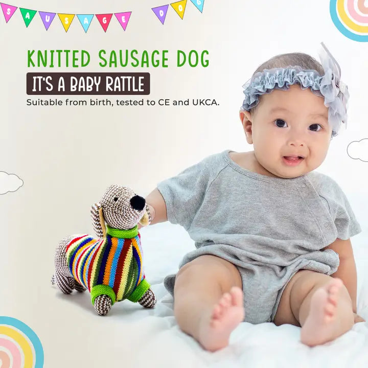 Hand Knitted Sausage Dog Baby Rattle