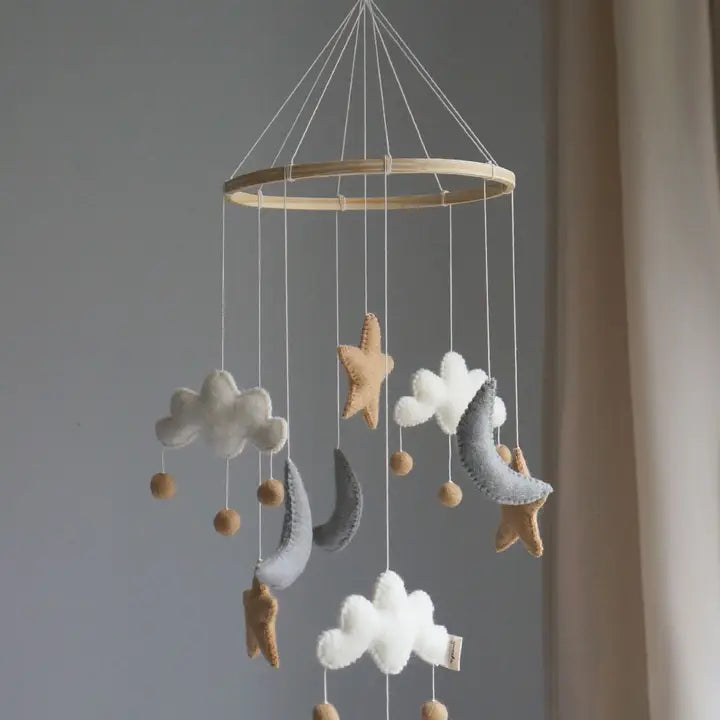 Handcrafted Wool Baby Mobile in Beige – Stars, Moons & Clouds