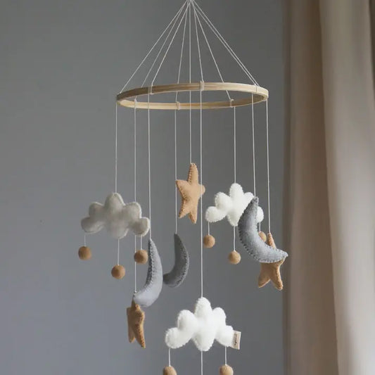 Handcrafted Wool Baby Mobile in Beige – Stars, Moons & Clouds